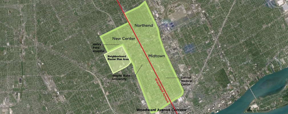 An satellite photograph of approximately 8 square miles centering on the Midtown area of Detroit. HFHS and the adjacent neighborhood master plan area are outlined and labels. Wayne State Universiyt and the Detroit Mediacl Center along the Woodward Avenue Corridor are also labeled.