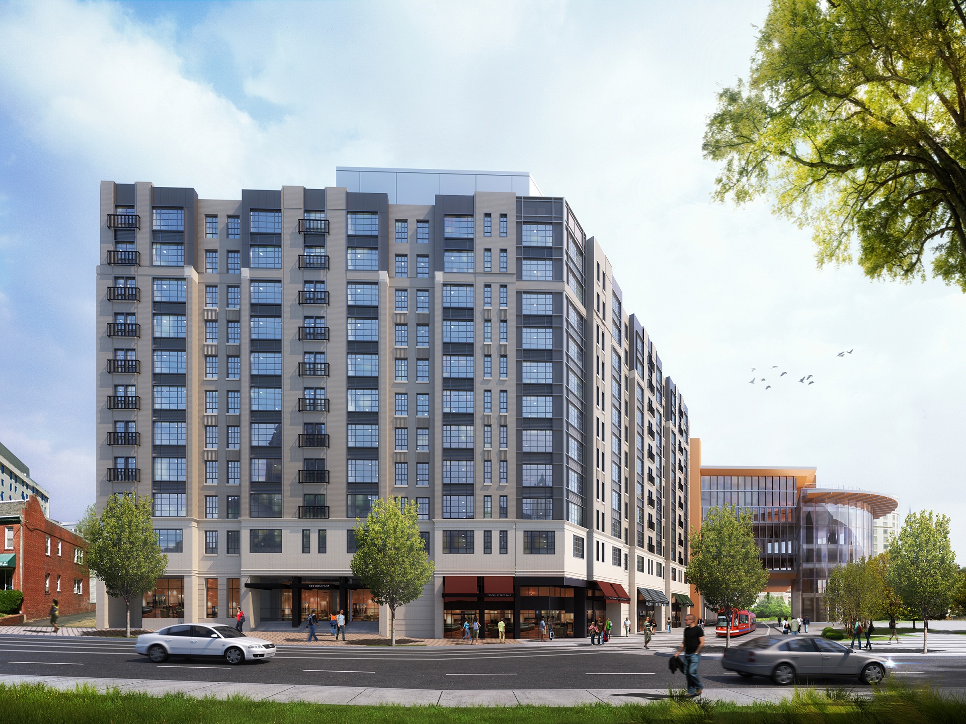 Conceptual rendering showing, at street level, two facades of an approved 11-story building, with commercial uses on the first floor and residential units above; in the background to the right of the building is the Silver Spring library, shown as it will look when construction is complete. 
