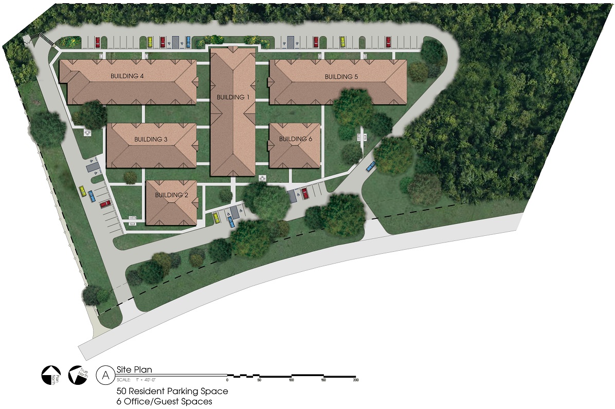 Aerial rendering displaying the layout of the McIntosh Homes development, which incorporates several large trees and is adjacent to a heavily wooded landscape.