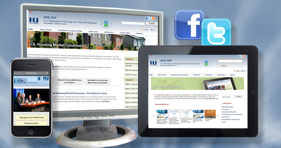 Composite image displaying a smart phone using a PD&R mobile application, a computer monitor demonstrating the USHMC web portal, a tablet showing the selection of reports available on the eBookstore, and social media icons.