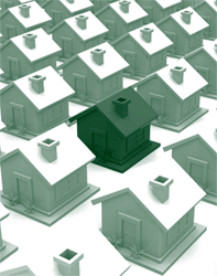 A picture of a group of model homes, with one home in dark shading to indicate that it is in financial crisis.