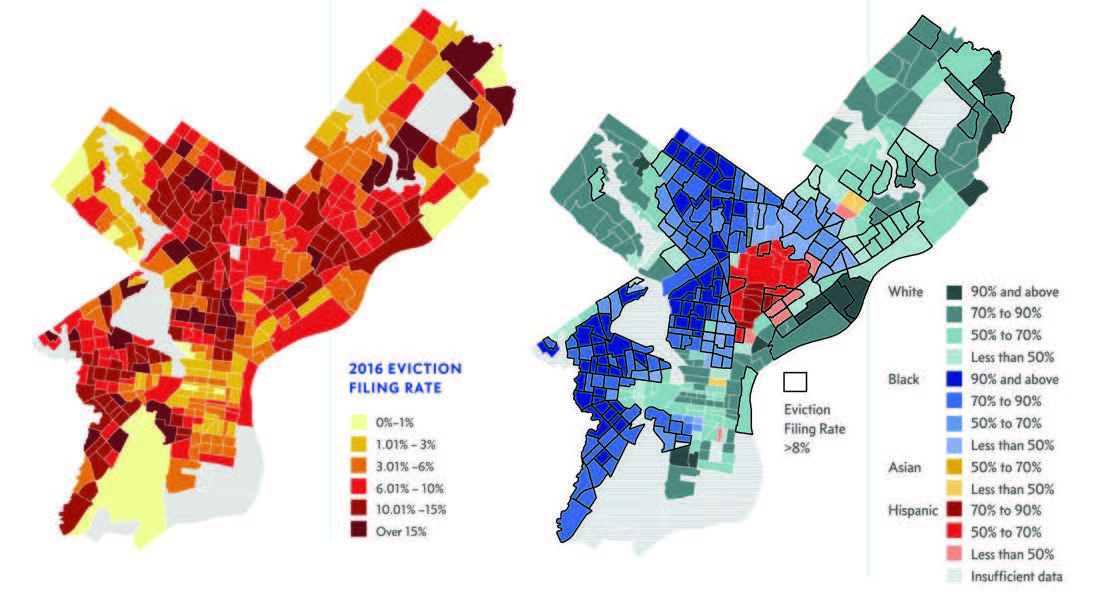 Two side-by-side maps of city of Philadelphia showing eviction rates and racial composition by neighborhood.