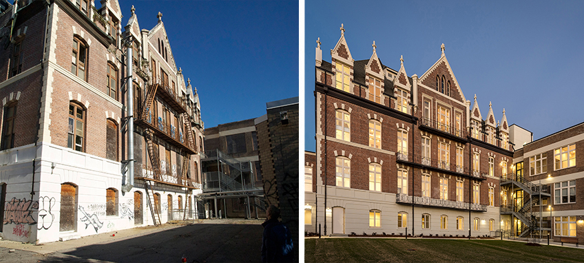 Composite image showing the exterior of the main building, Ford Foundation Lofts at St. Josephs, before (left) and after (right) renovation.