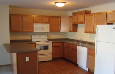 Photograph of a kitchen with a stove, microwave, dish washer, and refrigerator.