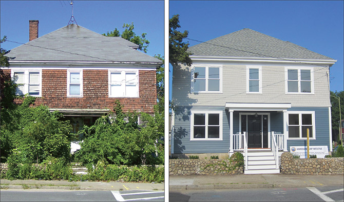 Photo of a vacant single-family home with overgrown plants in the front. Photo of the single-family home after renovation.